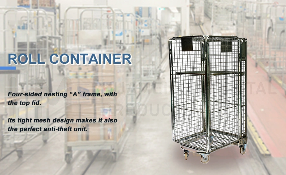 Customized Nestable Galvanized Wire Mesh Roll Container Industrial Laundry Carts