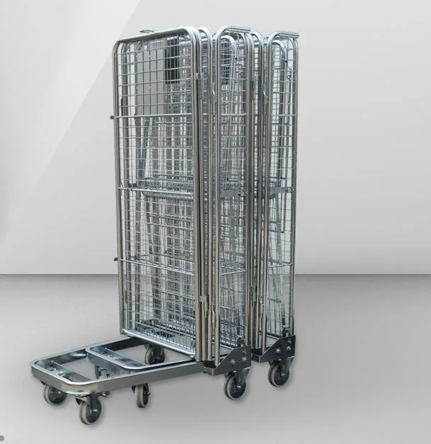 Standard Galvanized 4 Sided 4 Shelf Demountable Modular Collapsible Security Storage Nesting Metal Wire Mesh Roll Cage Container Pallet for European Supermarket
