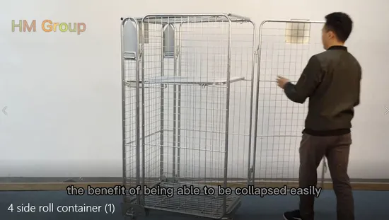 4 Sides Material Handling Detachable Galvanized Steel Wire Mesh Roll Container 